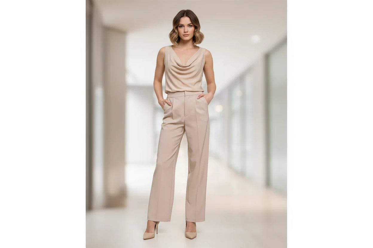 Beige pants worn by a person on a blurred background