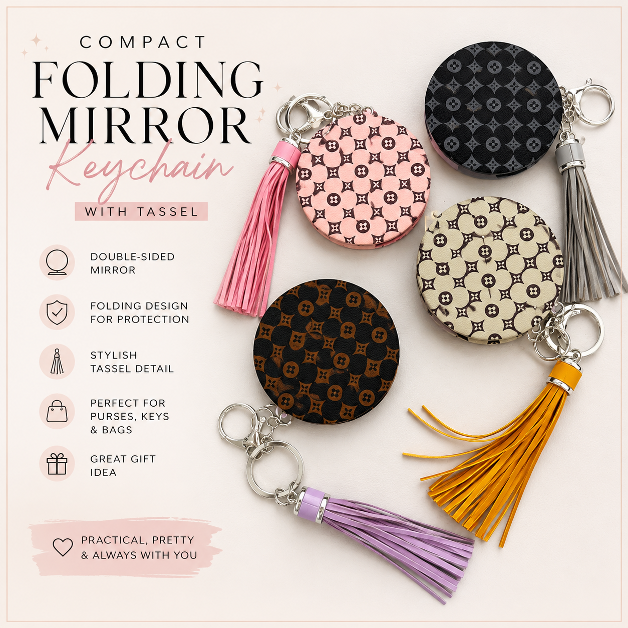 Compact folding mirror keychain set shown on a light beige background with promotional text. Multiple round keychain mirrors in pink, black, and beige monogram patterns are displayed with tassels in pink, orange, purple, and gray, along with metal key rings.