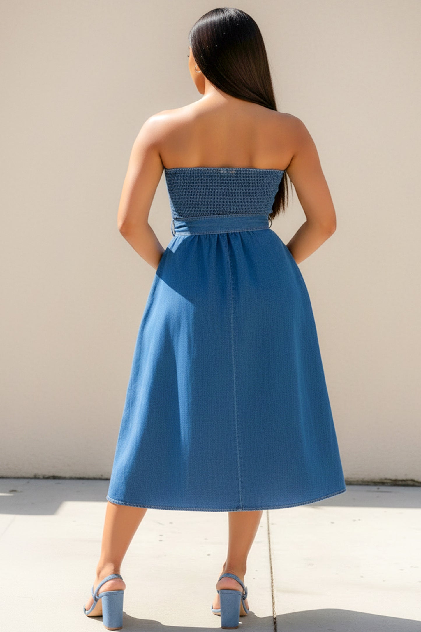 Denim strapless midi dress flowy dress.