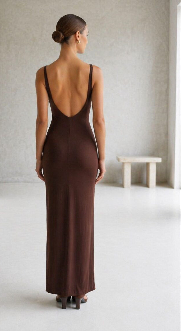 Brown open back maxi dress low back elegant bodycon formal dress