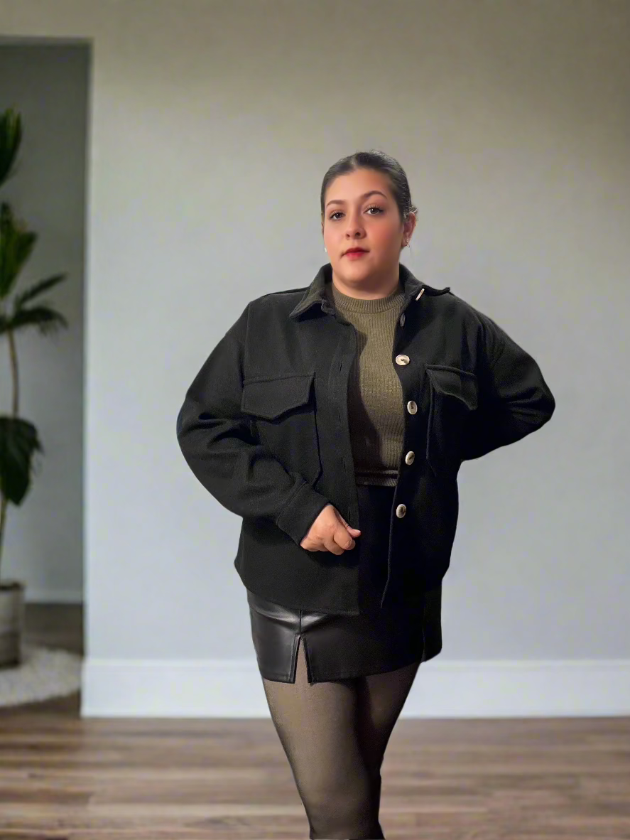 Women wearing the black Jaden oversized button-up coat with front pockets and a relaxed fit for casual everyday style.
