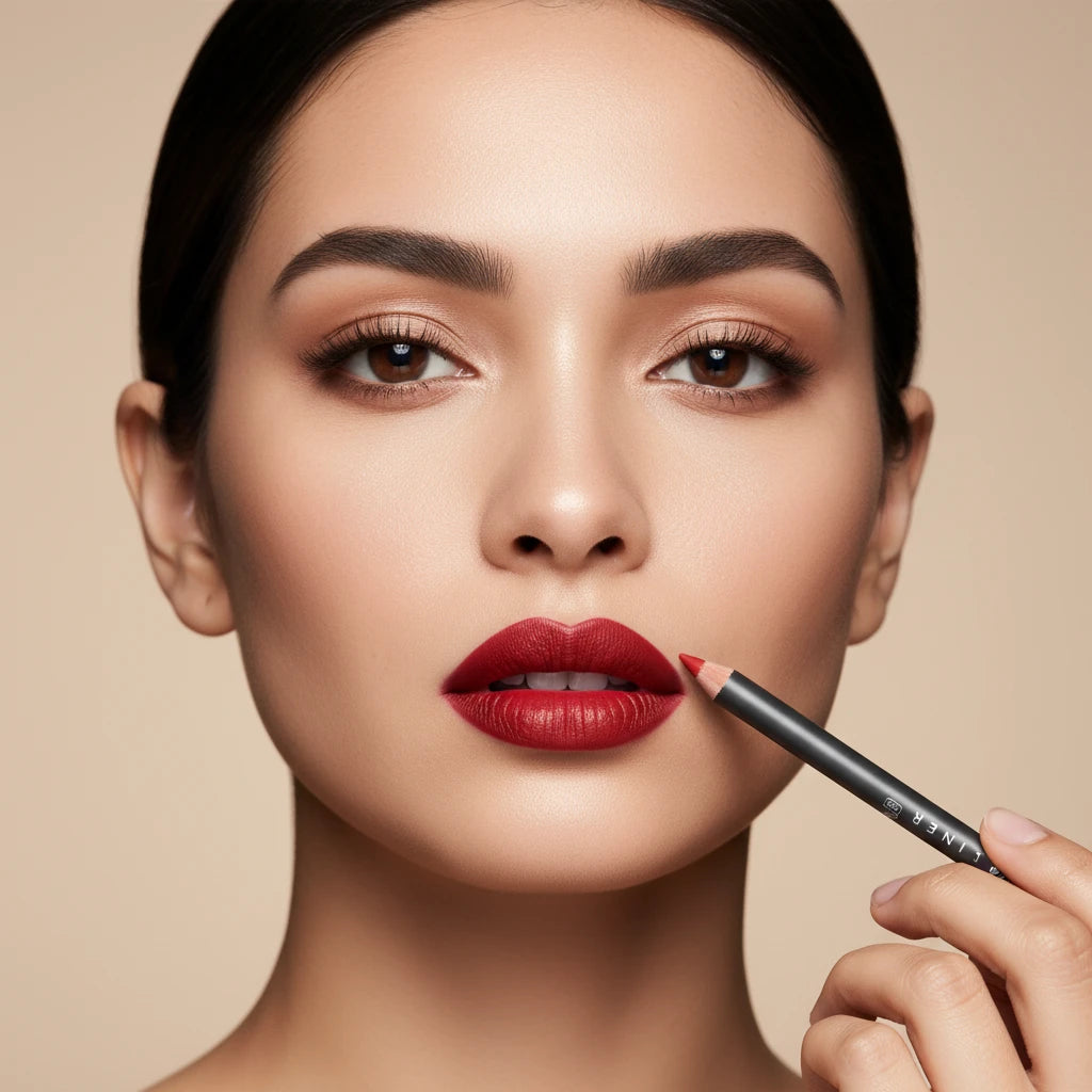 A single red lip liner pencil with the brand name L.A Girl written on it, against a white background with a red color swatch below the pencil.