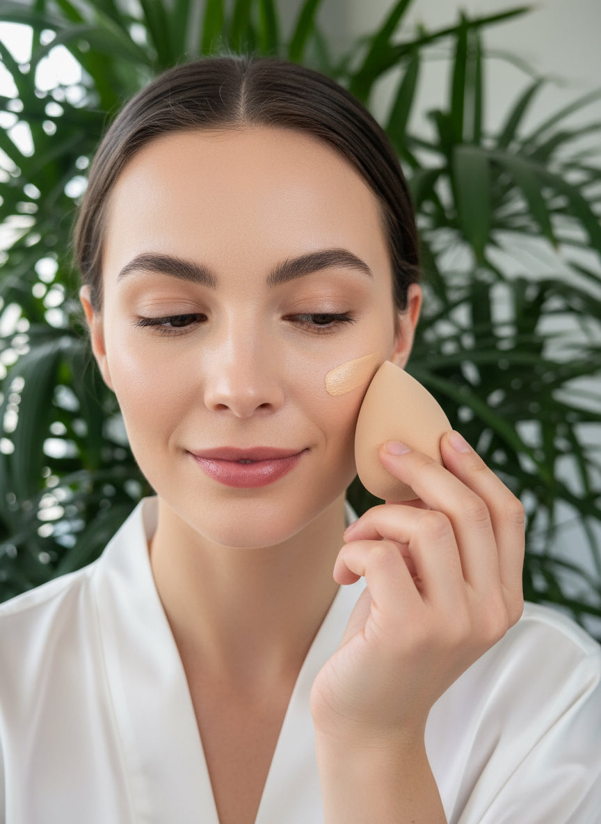 A nude-colored precision makeup sponge packaged in a clear plastic container with the brand 'Beauty Creations' on the label.