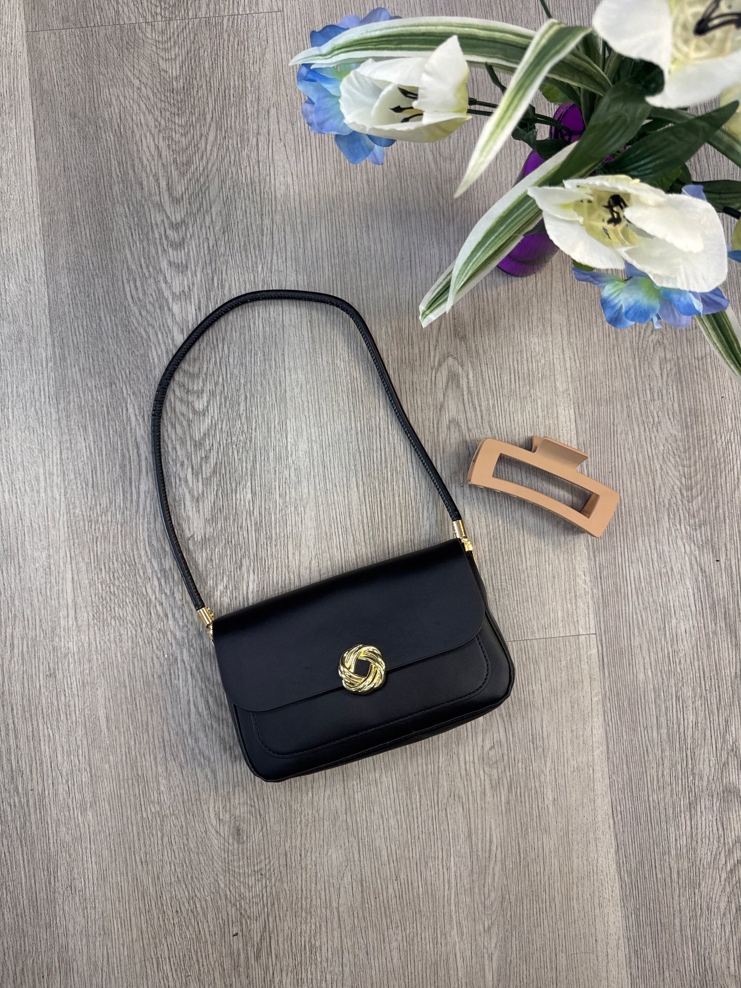 Black Isabella Knot Shoulder Bag smooth fabric boutique purse.