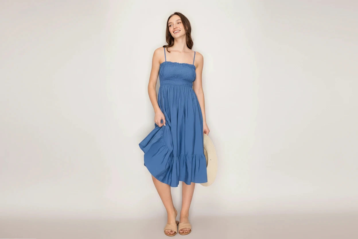 Blue spaghetti strap tiered Mido dress for women, flowy lightweight summer dress, casual elegant outfit from Lily's Fashion Boutique.