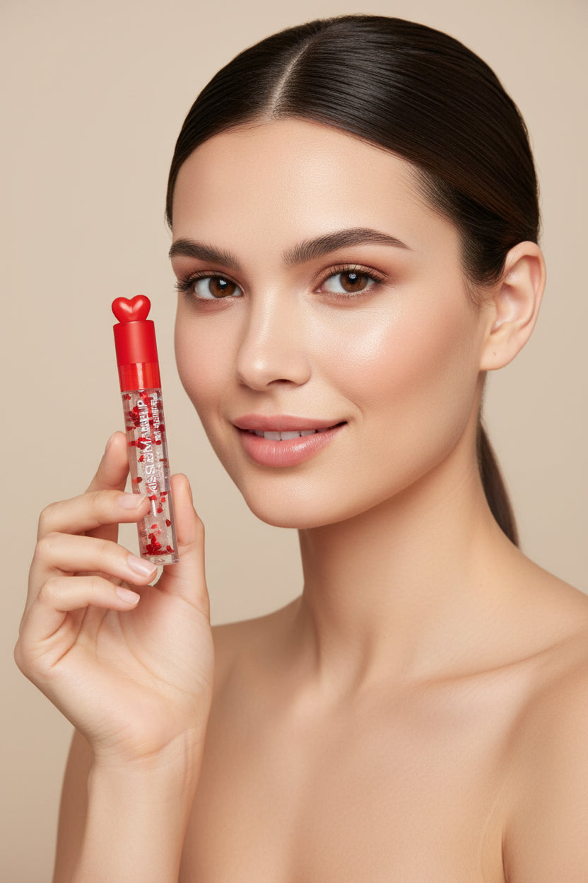 A tube of heart-shaped lip gloss with a clear base and red caps, applicator wand visible
