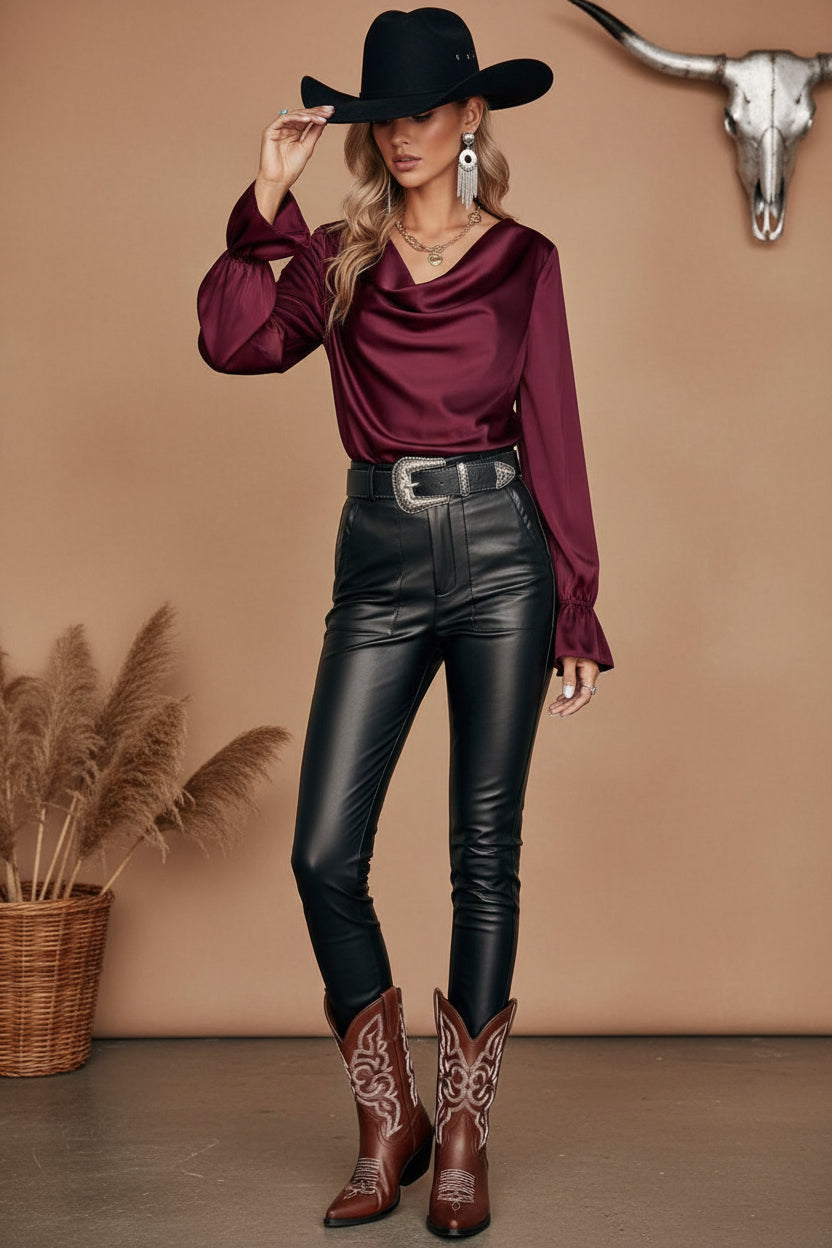 ruby red long sleeve top. western style.
