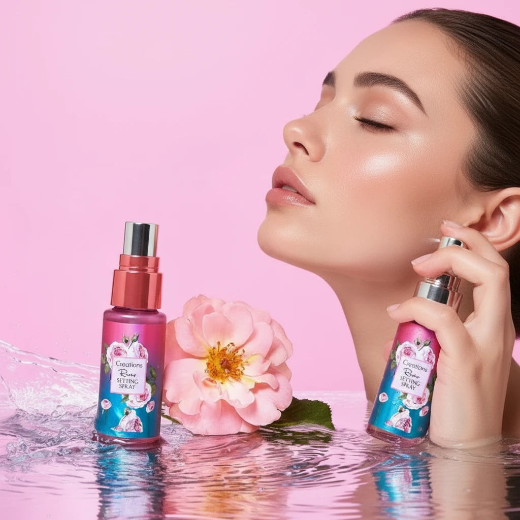 A mini setting spray bottle with a pink and blue floral design, labeled 'Beauty Creations', in front of a splash of water and a pink rose.