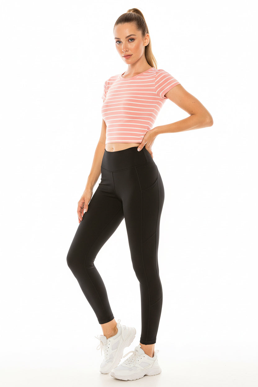 Pink striped crop top, everyday wear.