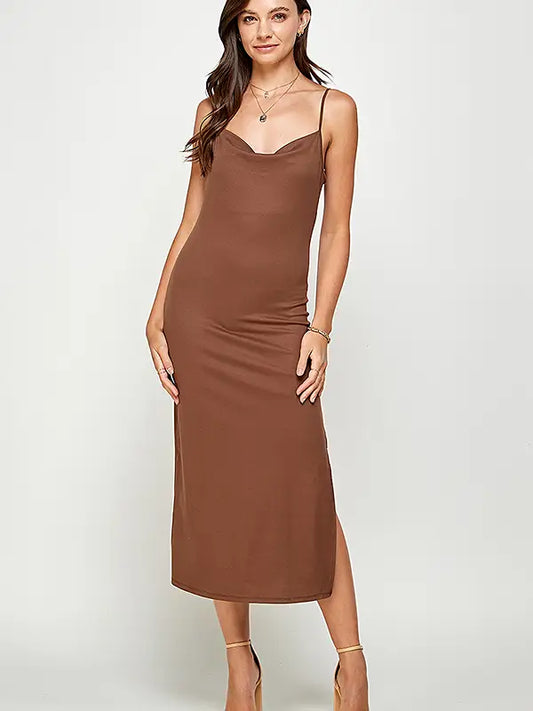 brown cotton cowl neck maxi dress with slit, fitted elegant LA style boutique outfit.