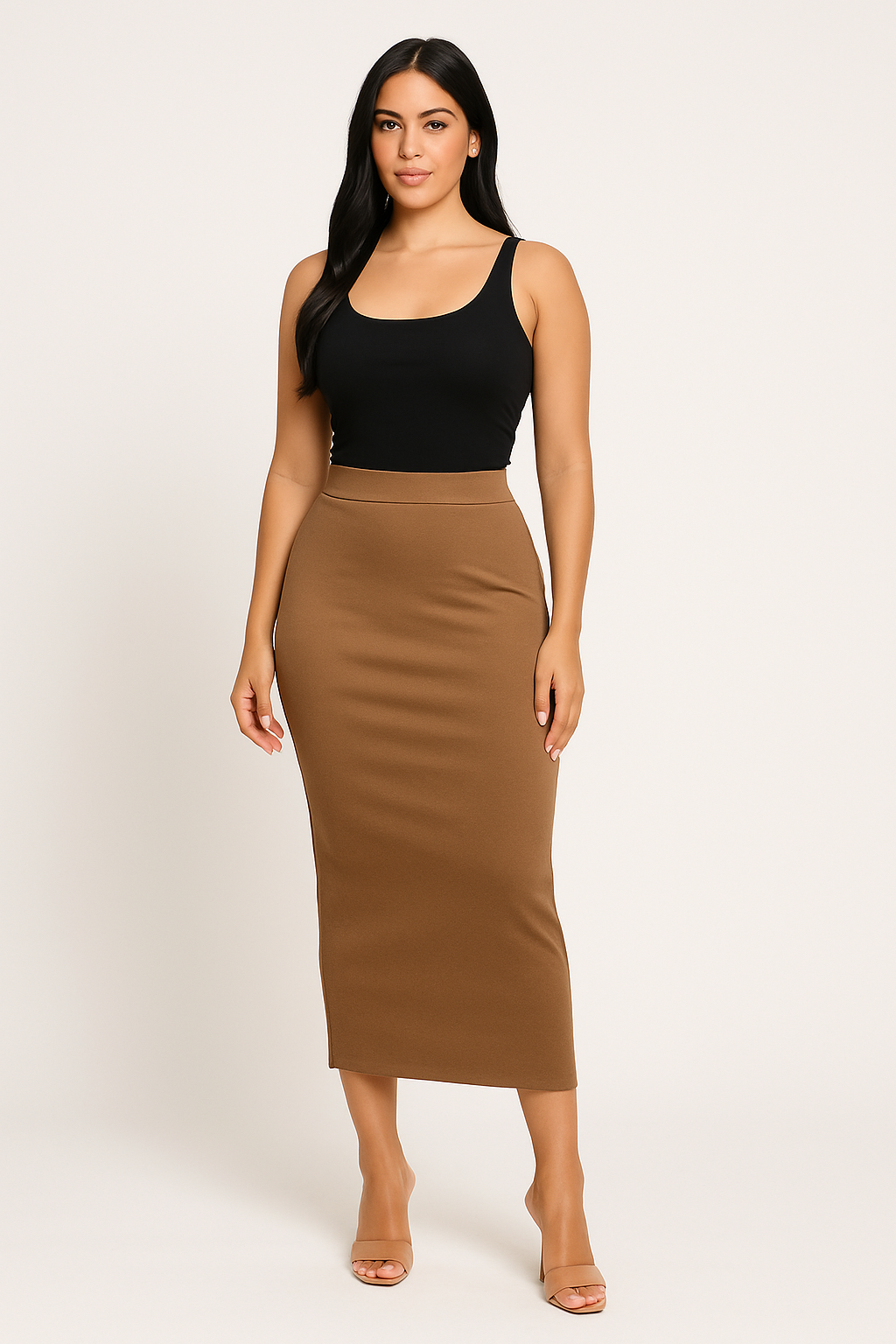Women wearing maxi brown skirt, side detail and ribbed material. Shop Lily's Fashion Boutique