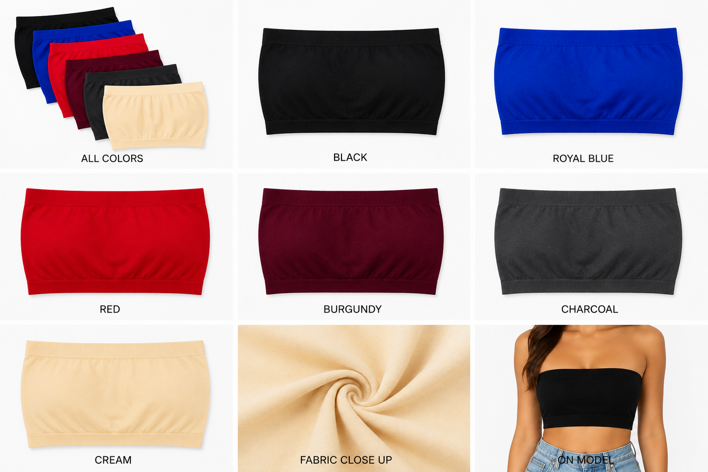 Vista Seamless Tube Top in Royal Blue, Red, Burgundy, Charcoal, and cream colors. Soft seamless strapless bandeau top for women.