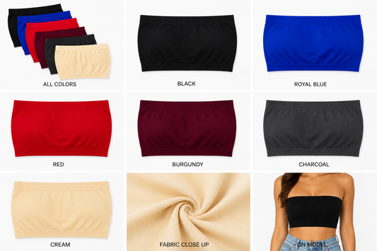 Vista Seamless Tube Top in Royal Blue, Red, Burgundy, Charcoal, and cream colors. Soft seamless strapless bandeau top for women.