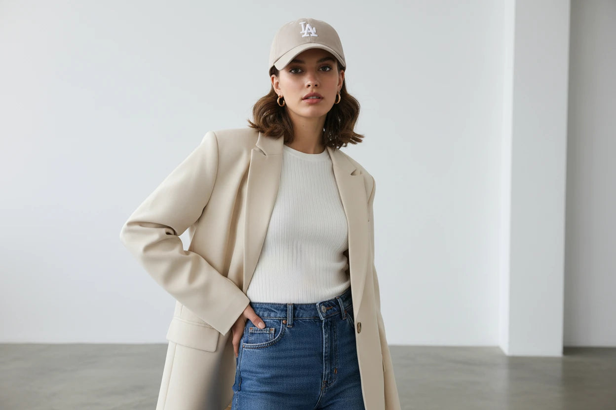 Beige baseball cap with logo on a white background
