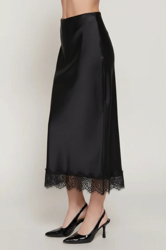 Bianca black skin high-waisted midi skirt with lace- trim hem and back slit.