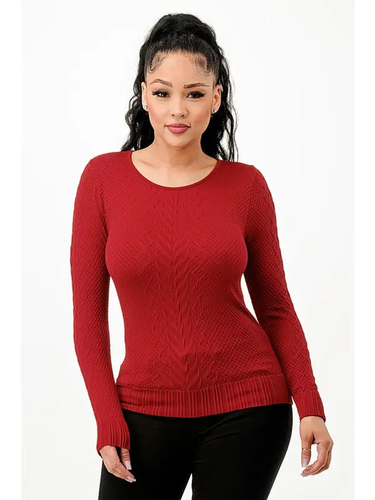 Seamless ribbed red long sleeve, fitted style.