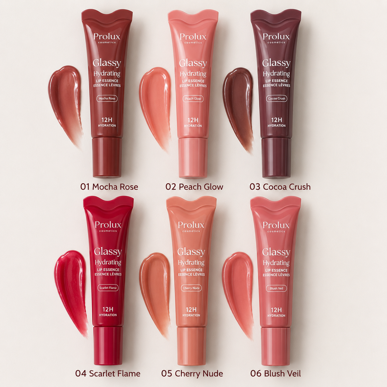 Glassy Hydrating Lip Essence moisturizing lip gloss collection featuring six glossy shades including nude, pink, brown, and red for hydrated, shiny lips.