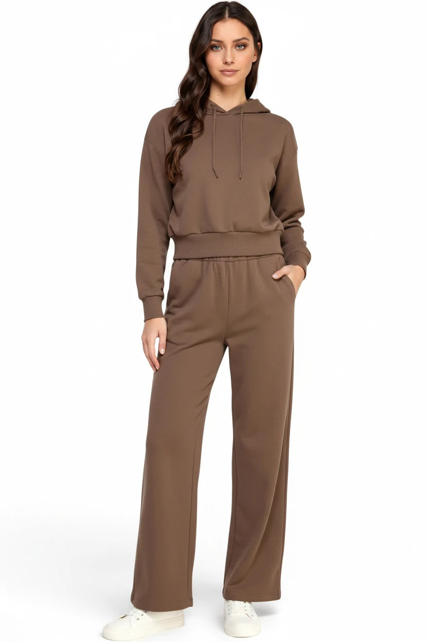 Women modeling a brown relaxed-fit hoodie and straight-leg pants lounge set.