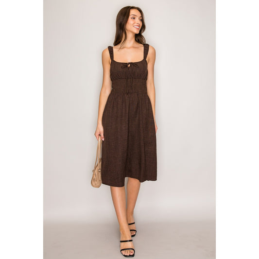 Brown smocked waist square neck midi dress for women with wide straps, flattering casual. outfit from Lily's Fashion Boutique