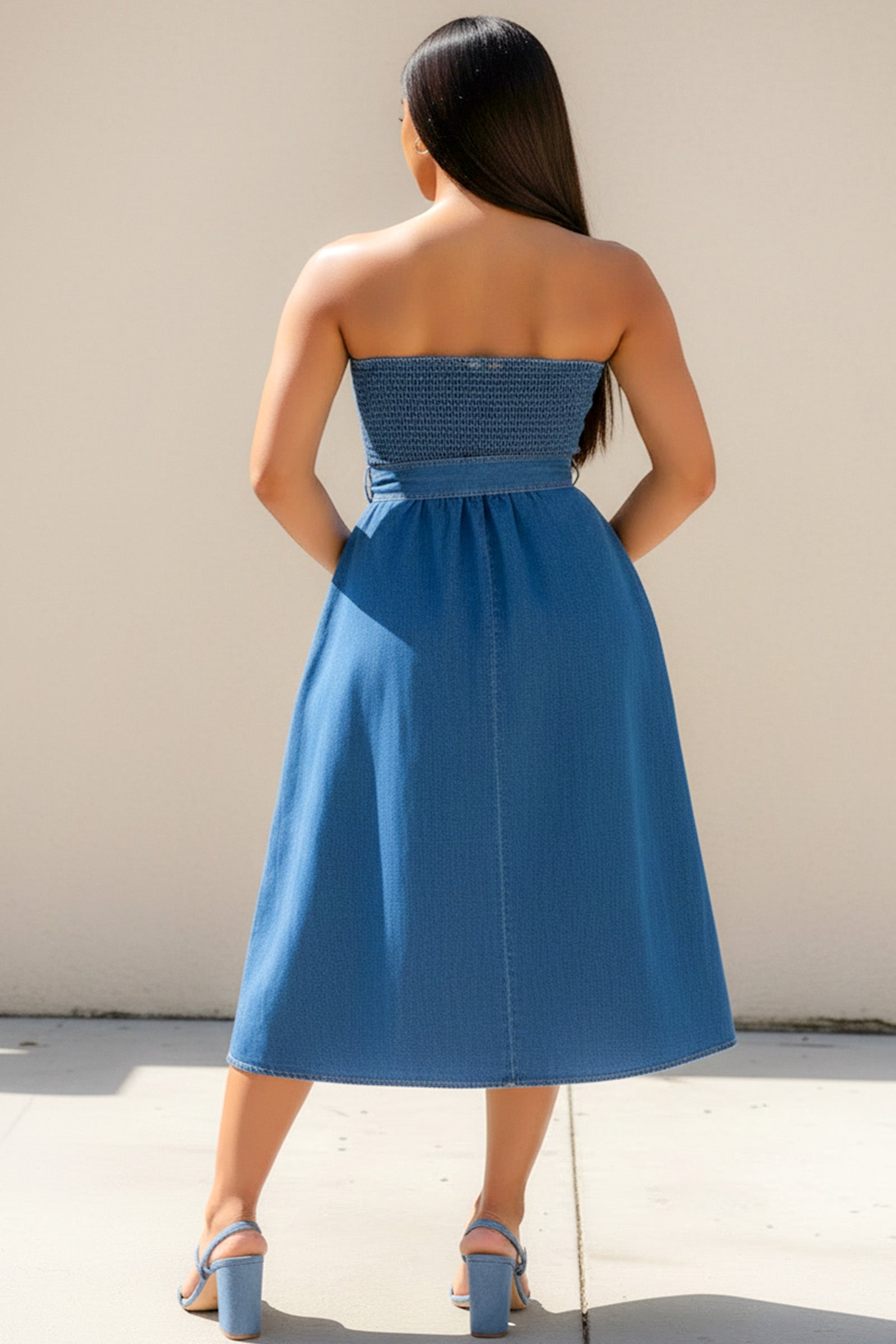Denim strapless midi dress flowy dress.
