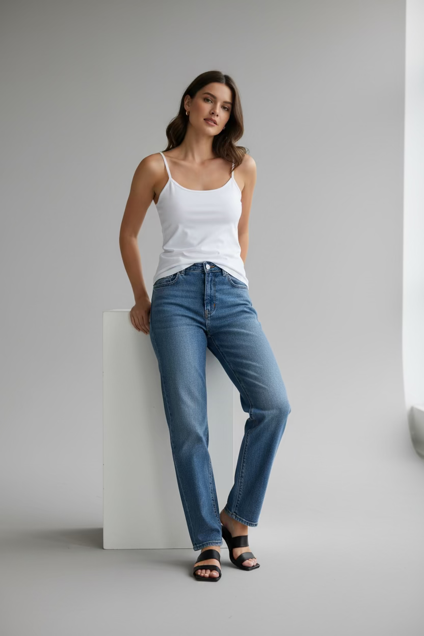 model wearing white tank top with jeans. Local boutique Paramount, CA.