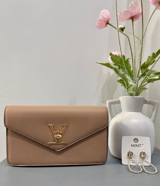 Celine Purse Brown- gold strap with gold details. 
Outing and holiday perfect. Shop Lily's Fashion Boutique.