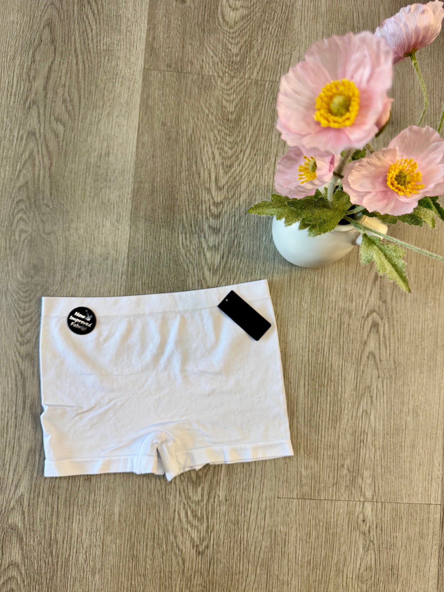 White seamless soft boy shorts with new improved fabric. Local boutique  Lily's Fashion Boutique.
