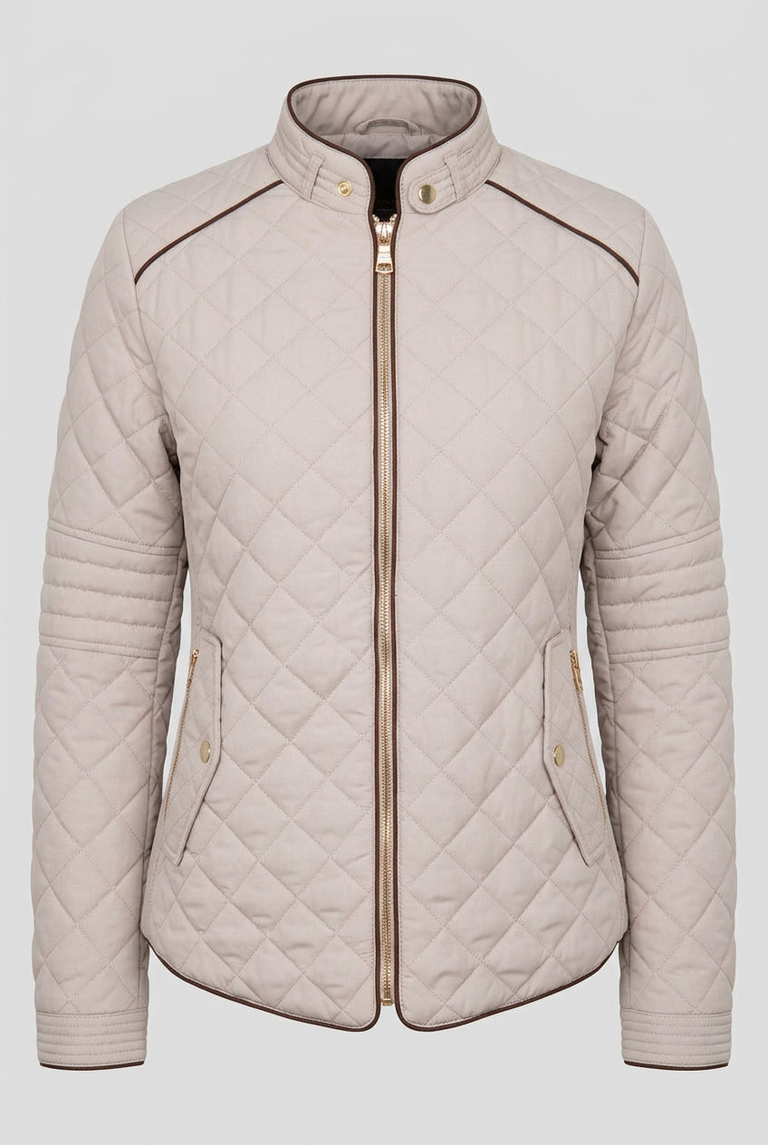 Front view of the Hailey women's beige quilted jacket featuring a snap-button collar, zipper closure and front pocket.