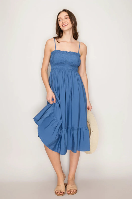 Blue spaghetti strap tiered Mido dress for women, flowy lightweight summer dress, casual elegant outfit from Lily's Fashion Boutique.
