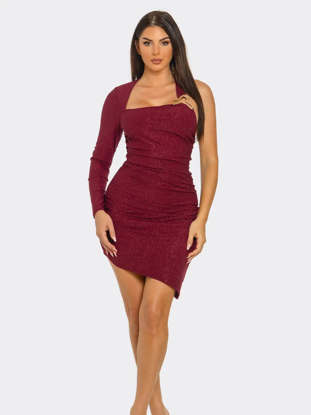 Model wearing the Glam Glitter Dress, a sparkly fitted party dress designed with glitter fabric for a festive, eye-catching holiday look.